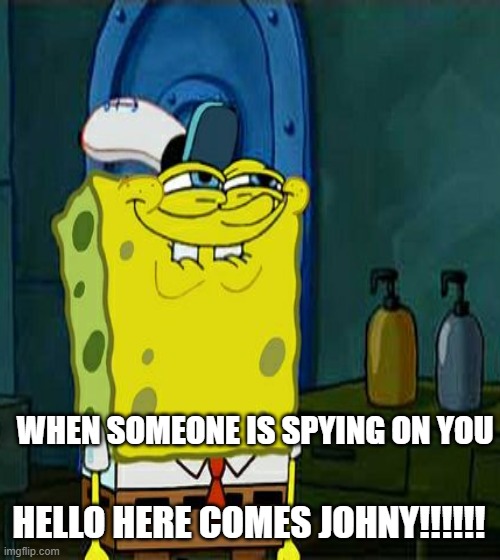 HELLO :>!!!!!!!!!!!!!! | WHEN SOMEONE IS SPYING ON YOU; HELLO HERE COMES JOHNY!!!!!! | image tagged in memes | made w/ Imgflip meme maker