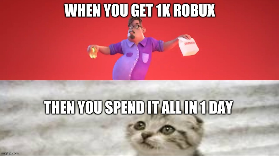 when i get robux | WHEN YOU GET 1K ROBUX; THEN YOU SPEND IT ALL IN 1 DAY | image tagged in guy from grubhub ad | made w/ Imgflip meme maker