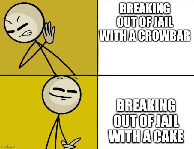 cake | BREAKING OUT OF JAIL WITH A CROWBAR; BREAKING OUT OF JAIL WITH A CAKE | image tagged in henry stickmin drake | made w/ Imgflip meme maker