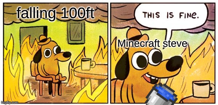 This Is Fine | falling 100ft; Minecraft steve | image tagged in memes,this is fine | made w/ Imgflip meme maker
