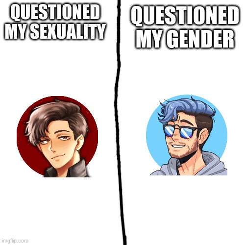 Blank Transparent Square Meme | QUESTIONED MY SEXUALITY; QUESTIONED MY GENDER | image tagged in memes,blank transparent square | made w/ Imgflip meme maker