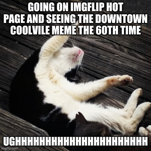 i would like to say its a joke but for me not anymore also 70th time | GOING ON IMGFLIP HOT PAGE AND SEEING THE DOWNTOWN COOLVILE MEME THE 60TH TIME; UGHHHHHHHHHHHHHHHHHHHHHH | image tagged in ughhhh cat | made w/ Imgflip meme maker