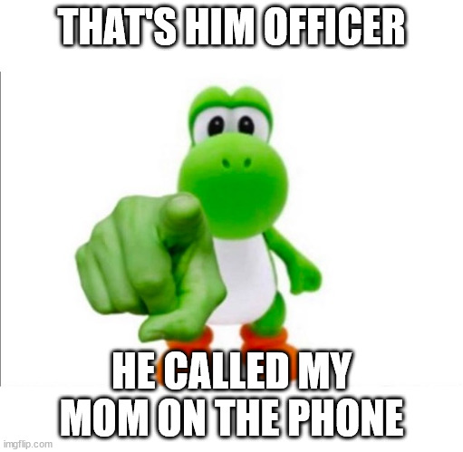 dont ever call yoshis mom | THAT'S HIM OFFICER; HE CALLED MY MOM ON THE PHONE | image tagged in pointing yoshi | made w/ Imgflip meme maker