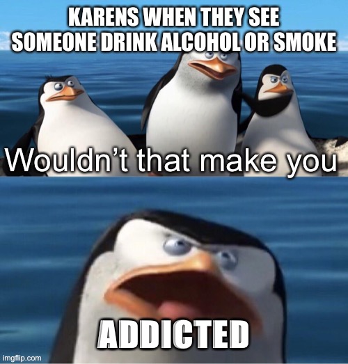 Wouldn’t that make you | KARENS WHEN THEY SEE SOMEONE DRINK ALCOHOL OR SMOKE; ADDICTED | image tagged in wouldn t that make you,memes,karen | made w/ Imgflip meme maker