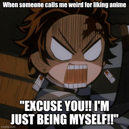 EXCUSE YOU! | When someone calls me weird for liking anime; "EXCUSE YOU!! I'M JUST BEING MYSELF!!" | image tagged in demon slayer tanjiro kamado angry | made w/ Imgflip meme maker