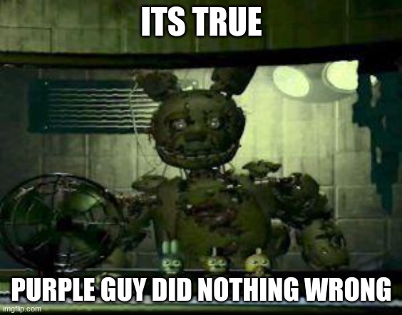 FNAF Springtrap in window | ITS TRUE PURPLE GUY DID NOTHING WRONG | image tagged in fnaf springtrap in window | made w/ Imgflip meme maker