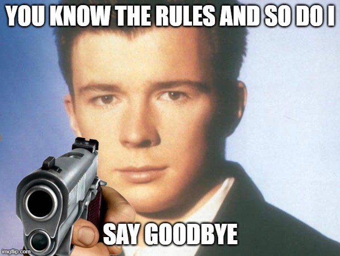 You know the rules and so do I. SAY GOODBYE. | YOU KNOW THE RULES AND SO DO I; SAY GOODBYE | image tagged in you know the rules and so do i say goodbye | made w/ Imgflip meme maker