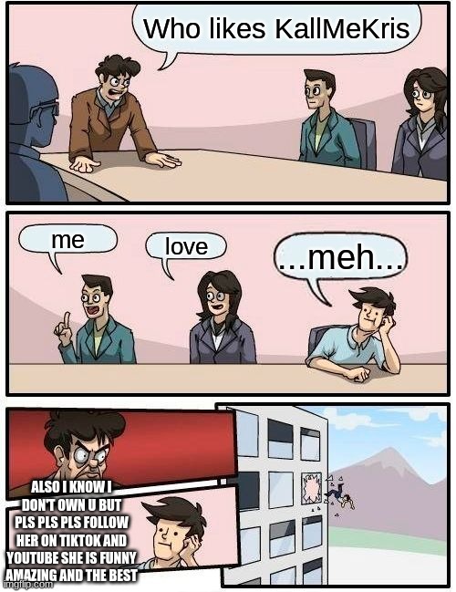 do what is at the bottem | Who likes KallMeKris; me; love; ...meh... ALSO I KNOW I DON'T OWN U BUT PLS PLS PLS FOLLOW HER ON TIKTOK AND YOUTUBE SHE IS FUNNY AMAZING AND THE BEST | image tagged in memes,boardroom meeting suggestion | made w/ Imgflip meme maker