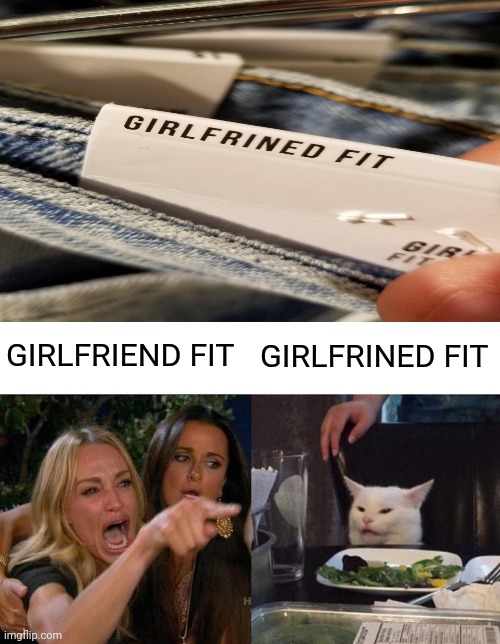 Girlfriend fit jeans | GIRLFRIEND FIT; GIRLFRINED FIT | image tagged in memes,woman yelling at cat,you had one job,girlfriend,fit,jeans | made w/ Imgflip meme maker