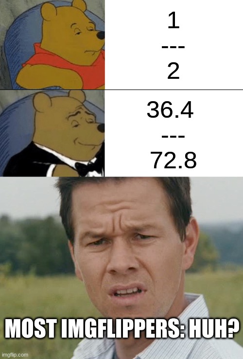 36.4 / 72.8 | 1
---
2; 36.4 
---
72.8; MOST IMGFLIPPERS: HUH? | image tagged in memes,tuxedo winnie the pooh,huh | made w/ Imgflip meme maker