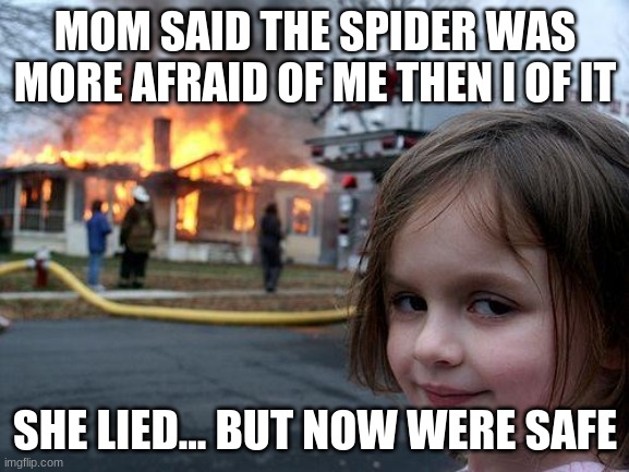 Disaster Girl Meme | MOM SAID THE SPIDER WAS MORE AFRAID OF ME THEN I OF IT; SHE LIED... BUT NOW WERE SAFE | image tagged in memes,disaster girl | made w/ Imgflip meme maker