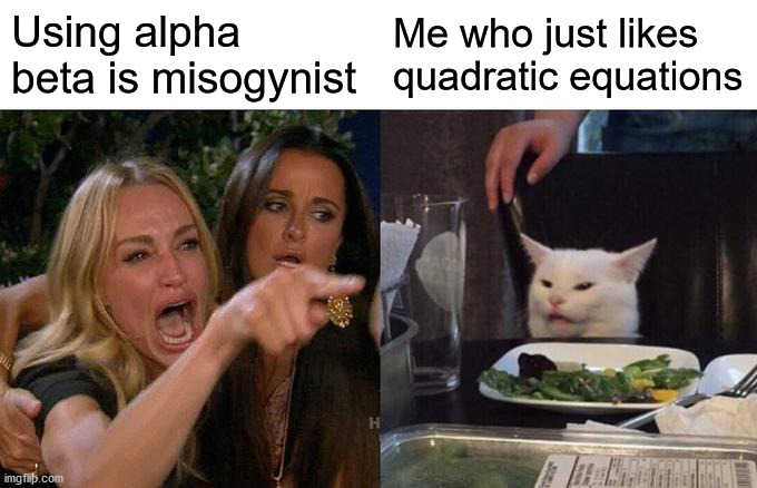 They are the roots of quadratic equation | Using alpha beta is misogynist; Me who just likes quadratic equations | image tagged in memes,woman yelling at cat | made w/ Imgflip meme maker