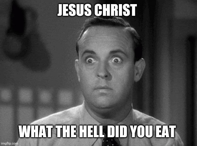 shocked face | JESUS CHRIST WHAT THE HELL DID YOU EAT | image tagged in shocked face | made w/ Imgflip meme maker