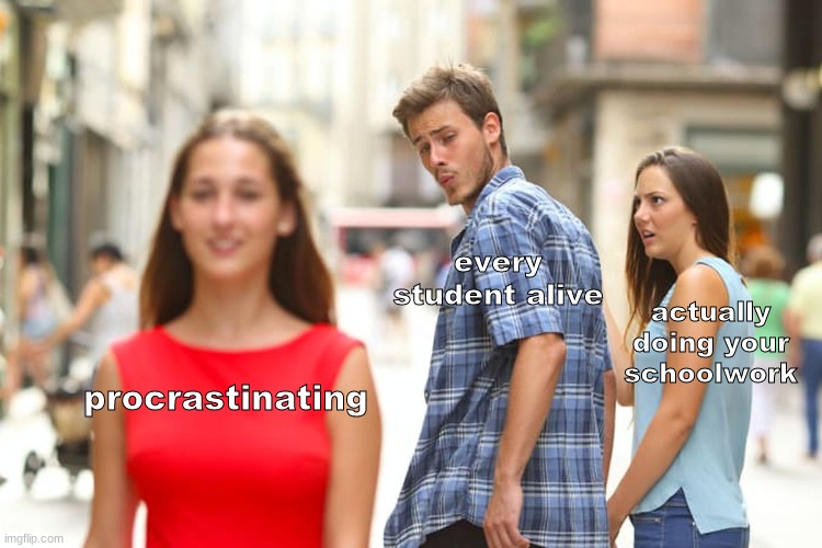 everyone procrastinates | every student alive; actually doing your schoolwork; procrastinating | image tagged in memes,distracted boyfriend | made w/ Imgflip meme maker