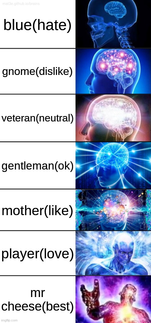 My Opinion On 7 Of The Among Us Logic Characters | blue(hate); gnome(dislike); veteran(neutral); gentleman(ok); mother(like); player(love); mr cheese(best) | image tagged in 7-tier expanding brain | made w/ Imgflip meme maker