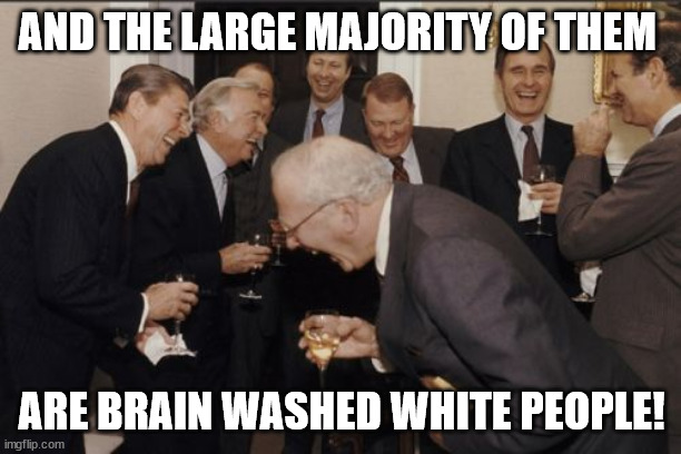 Laughing Men In Suits Meme | AND THE LARGE MAJORITY OF THEM ARE BRAIN WASHED WHITE PEOPLE! | image tagged in memes,laughing men in suits | made w/ Imgflip meme maker