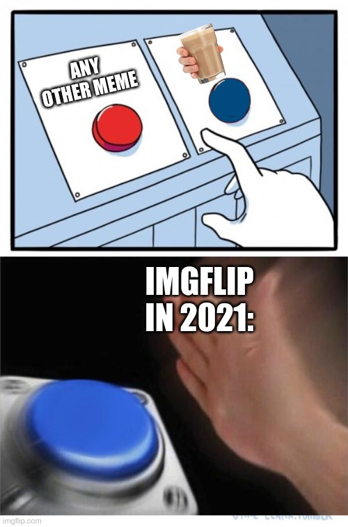 two buttons 1 blue | ANY OTHER MEME; IMGFLIP IN 2021: | image tagged in two buttons 1 blue | made w/ Imgflip meme maker