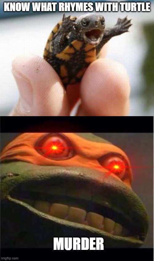 KNOW WHAT RHYMES WITH TURTLE; MURDER | image tagged in happy baby turtle,teen age mutant ninja turtle | made w/ Imgflip meme maker