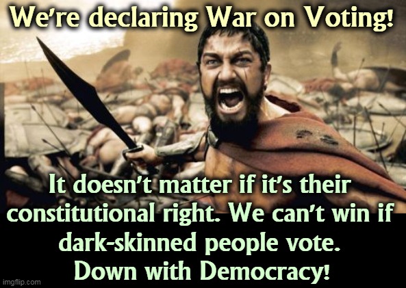 People hate Republicans. | We're declaring War on Voting! It doesn't matter if it's their 
constitutional right. We can't win if 
dark-skinned people vote. 
Down with Democracy! | image tagged in memes,sparta leonidas,republican,war,voting,democracy | made w/ Imgflip meme maker