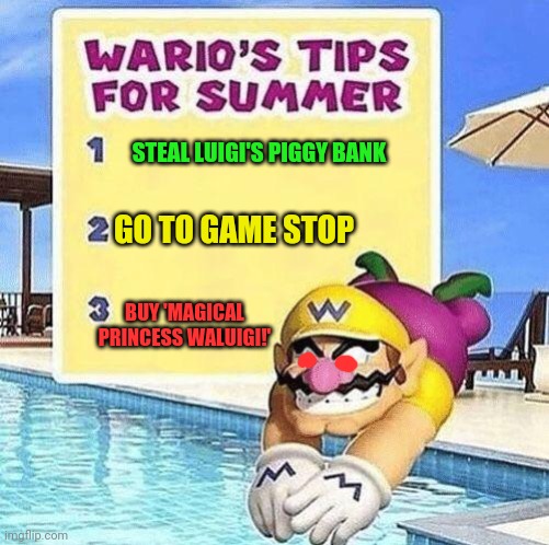 Warios tips for summer | STEAL LUIGI'S PIGGY BANK GO TO GAME STOP BUY 'MAGICAL PRINCESS WALUIGI!' | image tagged in warios tips for summer | made w/ Imgflip meme maker