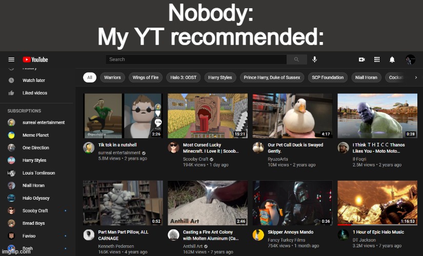 Nobody:
My YT recommended: | made w/ Imgflip meme maker