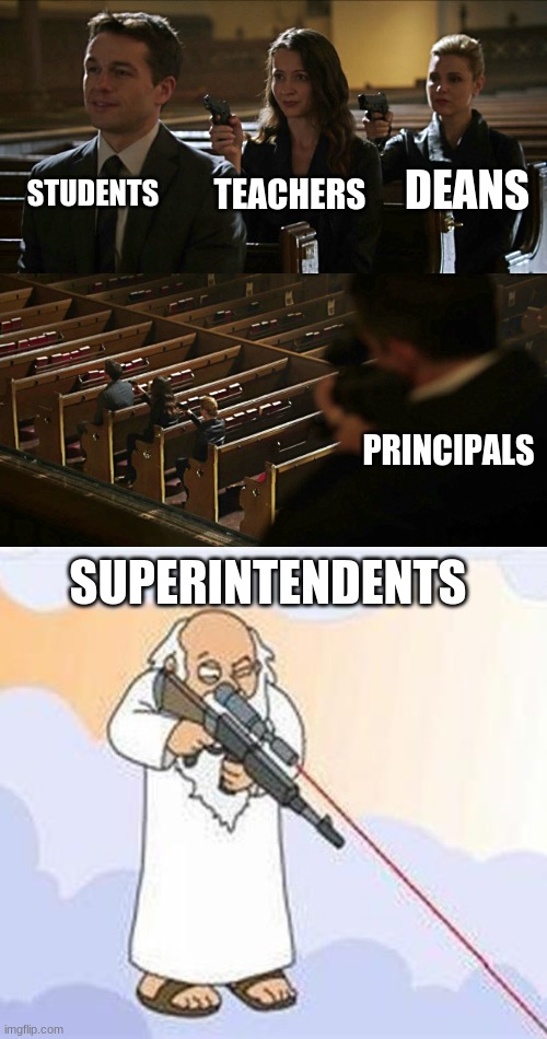 STUDENTS; DEANS; TEACHERS; PRINCIPALS; SUPERINTENDENTS | image tagged in assassination chain,god sniper family guy,principal | made w/ Imgflip meme maker