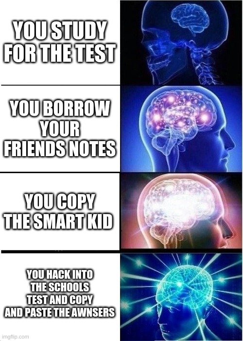 Expanding Brain | YOU STUDY FOR THE TEST; YOU BORROW YOUR FRIENDS NOTES; YOU COPY THE SMART KID; YOU HACK INTO THE SCHOOLS TEST AND COPY AND PASTE THE AWNSERS | image tagged in memes,expanding brain | made w/ Imgflip meme maker