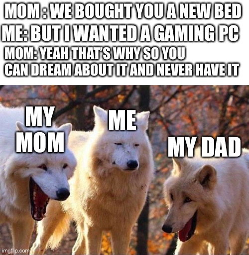Bruh lol | MOM : WE BOUGHT YOU A NEW BED; ME: BUT I WANTED A GAMING PC; MOM: YEAH THAT’S WHY SO YOU CAN DREAM ABOUT IT AND NEVER HAVE IT; ME; MY MOM; MY DAD | image tagged in laughing wolf | made w/ Imgflip meme maker