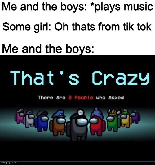 nobody asked |  Me and the boys: *plays music; Some girl: Oh thats from tik tok; Me and the boys: | image tagged in there are zero people who asked | made w/ Imgflip meme maker