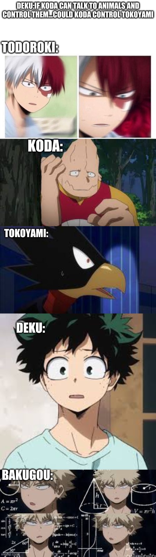 help me | DEKU:IF KODA CAN TALK TO ANIMALS AND CONTROL THEM...COULD KODA CONTROL TOKOYAMI; TODOROKI:; KODA:; TOKOYAMI:; DEKU:; BAKUGOU: | image tagged in todoroki,mha,funny,memes | made w/ Imgflip meme maker