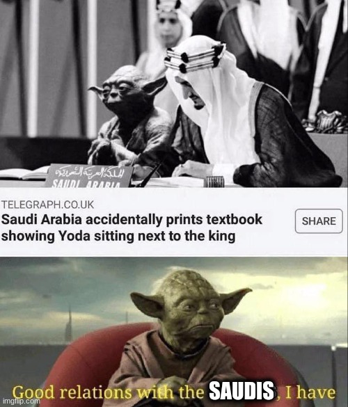 Yoda got those connections | SAUDIS | image tagged in yoda,saudi,misprint,lol,memes,whoever is reading this u are smort | made w/ Imgflip meme maker