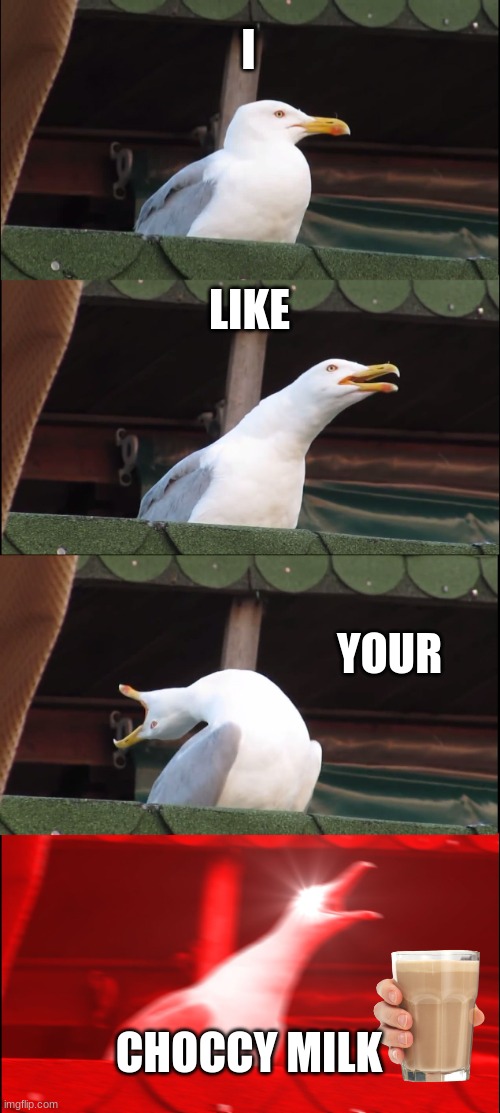 i like your choccy mil | I; LIKE; YOUR; CHOCCY MILK | image tagged in memes,inhaling seagull | made w/ Imgflip meme maker