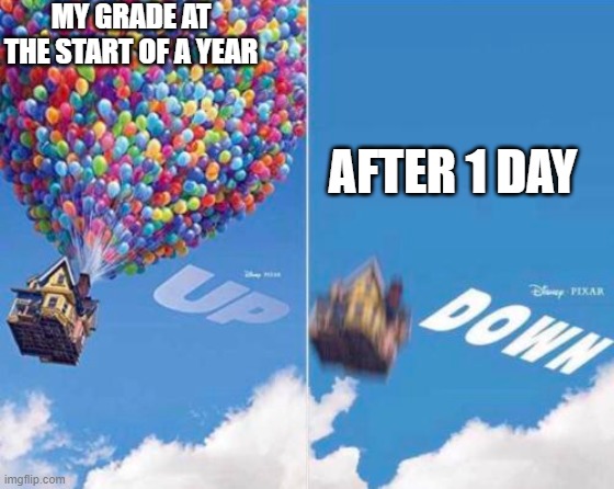 and thats a fact | MY GRADE AT THE START OF A YEAR; AFTER 1 DAY | image tagged in upvote or barney will eat your delectable biscuits | made w/ Imgflip meme maker