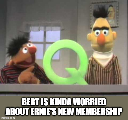 QAnon | BERT IS KINDA WORRIED ABOUT ERNIE'S NEW MEMBERSHIP | image tagged in sesame street q | made w/ Imgflip meme maker