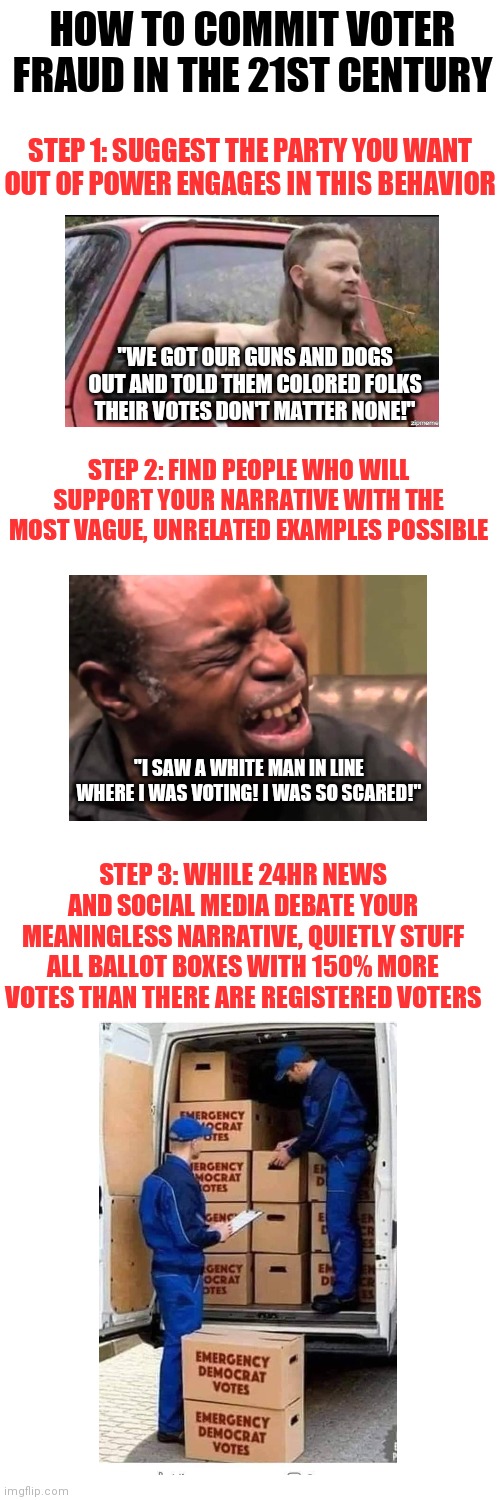 How to cheat for fun and profit in politics. | HOW TO COMMIT VOTER FRAUD IN THE 21ST CENTURY; STEP 1: SUGGEST THE PARTY YOU WANT OUT OF POWER ENGAGES IN THIS BEHAVIOR; "WE GOT OUR GUNS AND DOGS OUT AND TOLD THEM COLORED FOLKS THEIR VOTES DON'T MATTER NONE!"; STEP 2: FIND PEOPLE WHO WILL SUPPORT YOUR NARRATIVE WITH THE MOST VAGUE, UNRELATED EXAMPLES POSSIBLE; "I SAW A WHITE MAN IN LINE WHERE I WAS VOTING! I WAS SO SCARED!"; STEP 3: WHILE 24HR NEWS AND SOCIAL MEDIA DEBATE YOUR MEANINGLESS NARRATIVE, QUIETLY STUFF ALL BALLOT BOXES WITH 150% MORE VOTES THAN THERE ARE REGISTERED VOTERS | image tagged in memes,voter fraud,democrats,media lies,you can't handle the truth | made w/ Imgflip meme maker