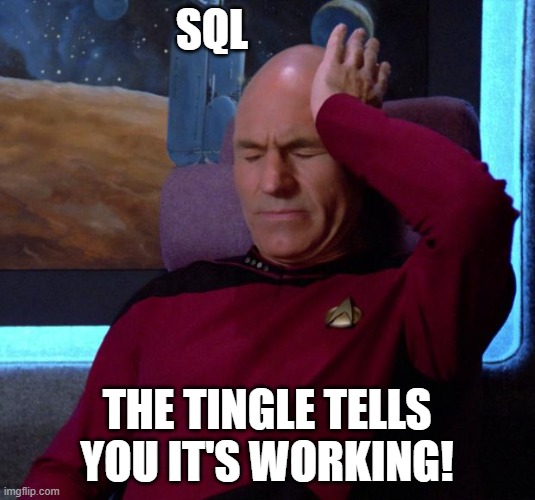 SQL headache | SQL; THE TINGLE TELLS YOU IT'S WORKING! | image tagged in picard headache,sql,headache,coding,tingle,tingle tells you it's working | made w/ Imgflip meme maker