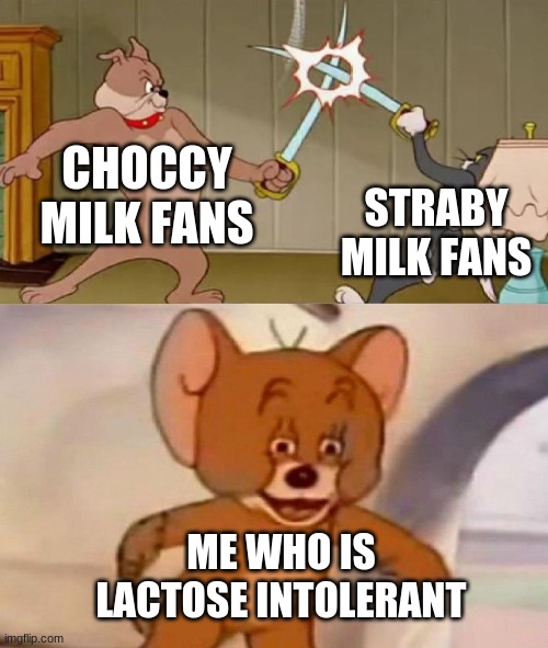 Tom and Jerry swordfight | CHOCCY MILK FANS; STRABY MILK FANS; ME WHO IS LACTOSE INTOLERANT | image tagged in tom and jerry swordfight | made w/ Imgflip meme maker