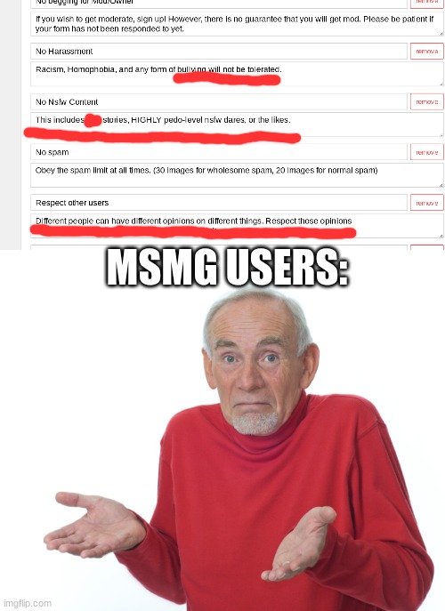 i guess the owners forgot their own rules | MSMG USERS: | image tagged in guess ill just,funny,stupid | made w/ Imgflip meme maker