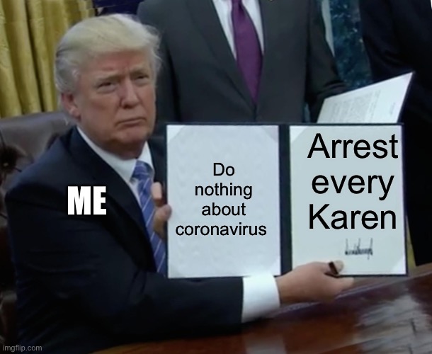 STOP KARENS | Arrest every Karen; Do nothing about coronavirus; ME | image tagged in memes,trump bill signing | made w/ Imgflip meme maker