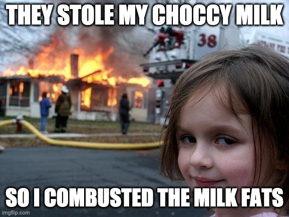 Disaster Girl Meme | THEY STOLE MY CHOCCY MILK SO I COMBUSTED THE MILK FATS | image tagged in memes,disaster girl | made w/ Imgflip meme maker