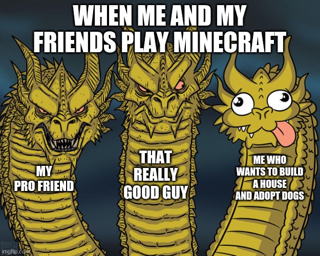 Three-headed Dragon | WHEN ME AND MY FRIENDS PLAY MINECRAFT; THAT REALLY GOOD GUY; ME WHO WANTS TO BUILD A HOUSE AND ADOPT DOGS; MY PRO FRIEND | image tagged in three-headed dragon | made w/ Imgflip meme maker