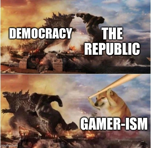 *in my opinion* | THE REPUBLIC; DEMOCRACY; GAMER-ISM | image tagged in kong godzilla doge | made w/ Imgflip meme maker