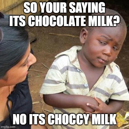 Third World Skeptical Kid Meme | SO YOUR SAYING ITS CHOCOLATE MILK? NO ITS CHOCCY MILK | image tagged in memes,third world skeptical kid | made w/ Imgflip meme maker
