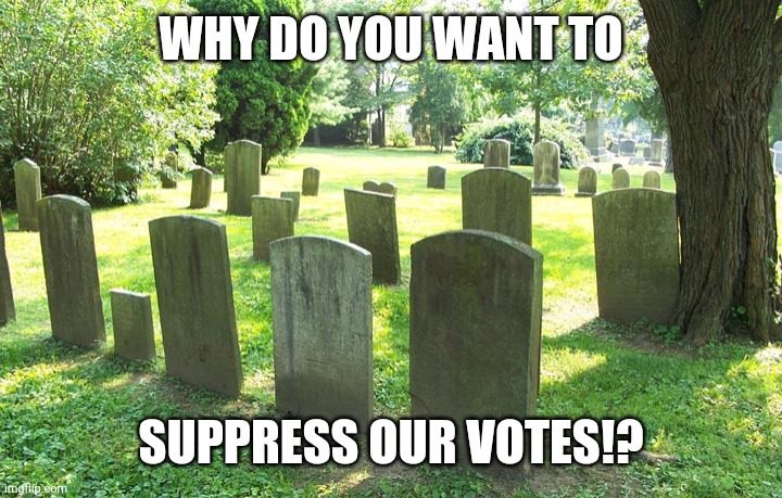 Cemetery | WHY DO YOU WANT TO SUPPRESS OUR VOTES!? | image tagged in cemetery | made w/ Imgflip meme maker