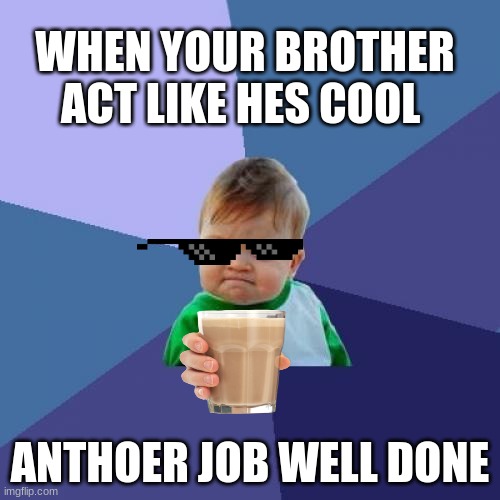 yeah | WHEN YOUR BROTHER ACT LIKE HES COOL; ANTHOER JOB WELL DONE | image tagged in memes,success kid | made w/ Imgflip meme maker