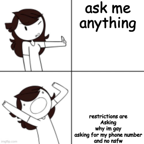 Jaiden version of the drake format | ask me anything; restrictions are
Asking why im gay
asking for my phone number
and no nsfw | image tagged in jaiden version of the drake format | made w/ Imgflip meme maker