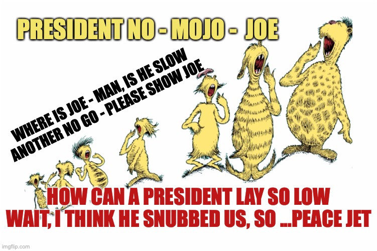 President- No- MOJO | PRESIDENT NO - MOJO -  JOE; WHERE IS JOE - MAN, IS HE SLOW
ANOTHER NO GO - PLEASE SHOW JOE; HOW CAN A PRESIDENT LAY SO LOW
WAIT, I THINK HE SNUBBED US, SO ...PEACE JET | image tagged in joe biden,democratic party | made w/ Imgflip meme maker