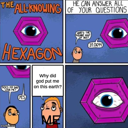 why god? Please tell me why? | Why did god put me on this earth? ME | image tagged in all knowing hexagon original | made w/ Imgflip meme maker