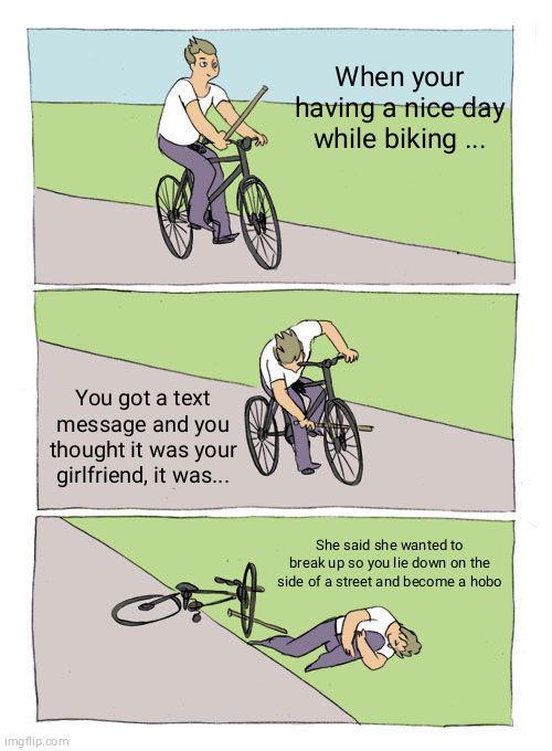 Bike Fall Meme | When your having a nice day while biking ... You got a text message and you thought it was your girlfriend, it was... She said she wanted to break up so you lie down on the side of a street and become a hobo | image tagged in memes,bike fall | made w/ Imgflip meme maker