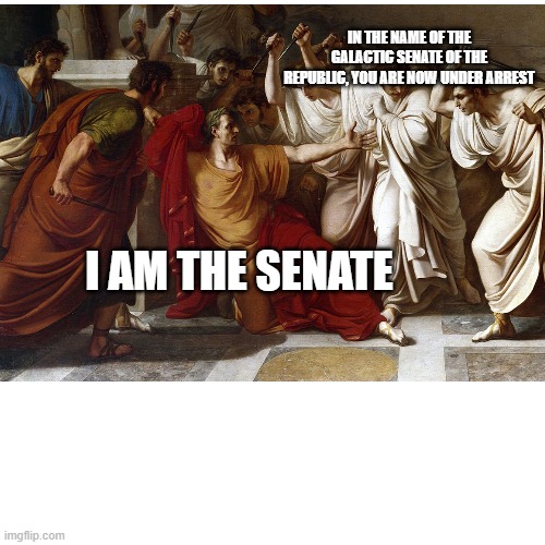 I AM THE SENATE | IN THE NAME OF THE GALACTIC SENATE OF THE REPUBLIC, YOU ARE NOW UNDER ARREST; I AM THE SENATE | image tagged in rome,star wars,star  wars memes | made w/ Imgflip meme maker